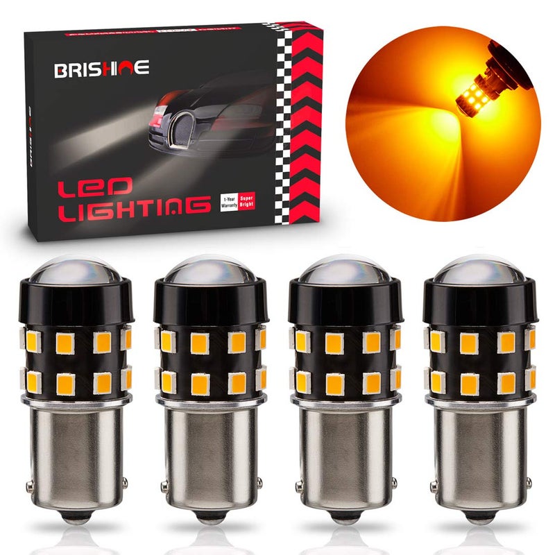 BRISHINE 4-Pack Super Bright 1156 1003 1141 7506 BA15S LED Bulbs Amber Yellow 9-30V Non-Polarity 24-SMD LED Chipsets with Projector for Turn Signal Lights, Side Marker Lights - Image 1